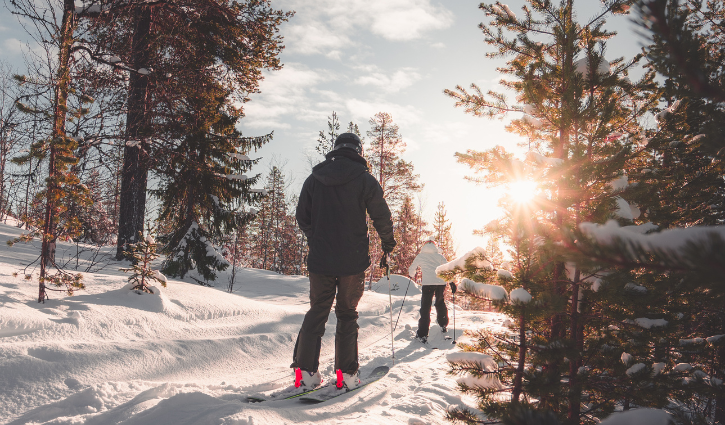 two people skiing in the forest